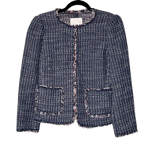 Rebecca Taylor Tweed Open Front Blazer Frayed Trim Navy w/ Pink & White Small - Picture 2 of 11